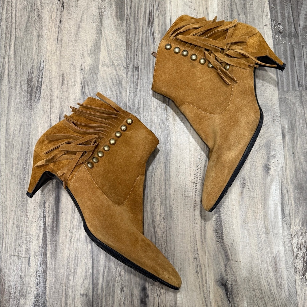 YSL Saint Laurent studded Fringe Suede Ankle Boots tan cognac 37 6.5 kitten heel